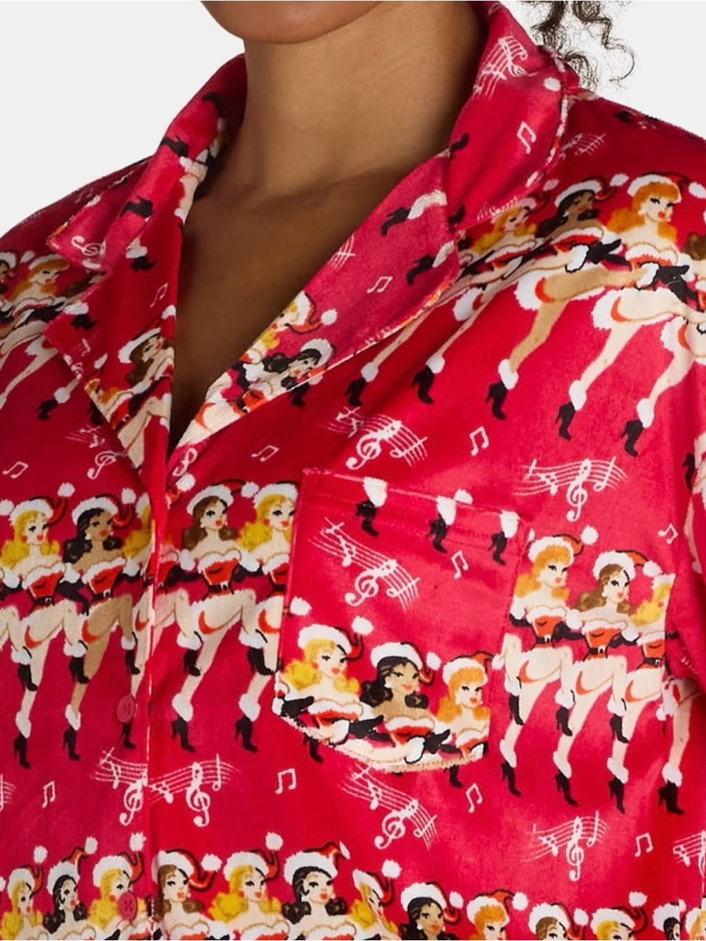 Dancing 💃 ladies in Mrs. Santa 🤶 set Red Printed Women's Pajama Set with pocket - Picture 4 of 5